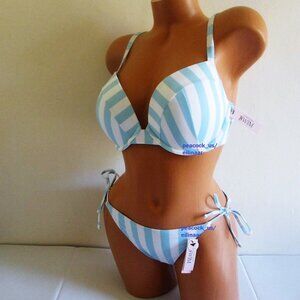 38D/XL Victoria Secret Swim Push Up Top Bikini Set Side Tie Cheeky Blue White